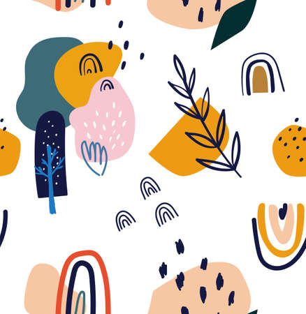 Decorative abstract blue seamless pattern with colorful doodlesのイラスト素材
