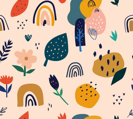 Decorative abstract blue seamless pattern with colorful doodlesのイラスト素材