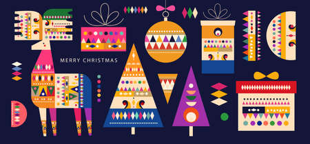 Christmas pattern in Scandinavian folk style with Christmas deer, Christmas trees, and gift boxesのイラスト素材