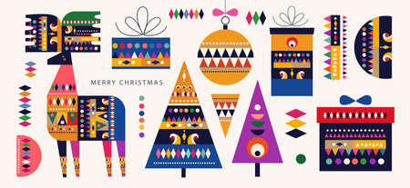 Christmas pattern in Scandinavian folk style with Christmas deer, Christmas trees, and gift boxesのイラスト素材