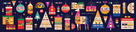 Christmas pattern in Scandinavian folk style with Christmas deer, Christmas trees, and gift boxesのイラスト素材