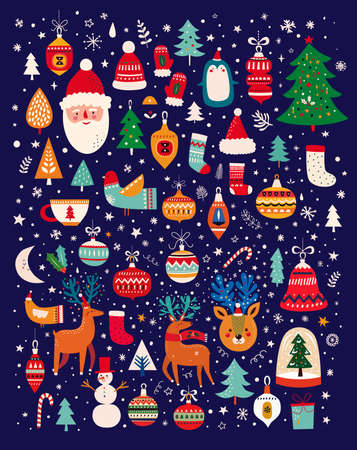 Christmas decorative banner with funny Santa Claus, Christmas toys, Christmas tree and holiday elements. Christmas patternのイラスト素材