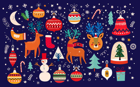 Christmas decorative collection with funny Santa Claus, Christmas toys, Christmas tree and holiday elements. Christmas greeting cardの写真素材