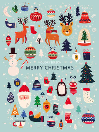 Christmas decorative collection with funny Santa Claus, Christmas toys, Christmas tree and holiday elements. Christmas greeting cardのイラスト素材