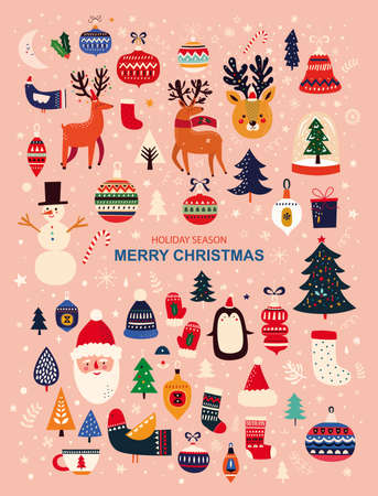Christmas decorative collection with funny Santa Claus, Christmas toys, Christmas tree and holiday elements. Christmas greeting cardのイラスト素材