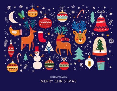 Christmas decorative banner with funny Santa Claus, Christmas toys, Christmas tree and holiday elements. Christmas patternのイラスト素材