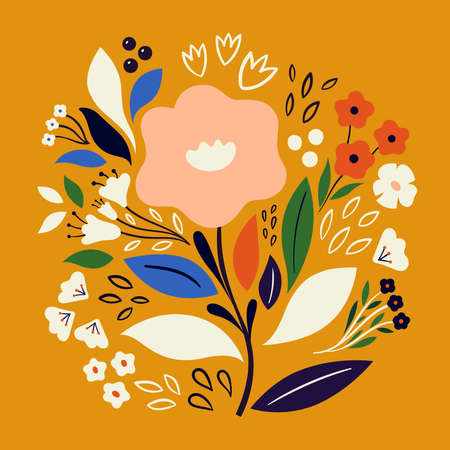Beautiful romantic floral bouquet with flowers and leaves on the yellow backgroundのイラスト素材