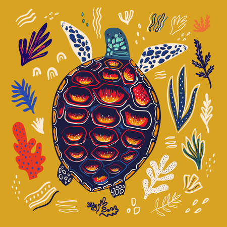 Underwater marine life. Vector illustration with sea turtleのイラスト素材