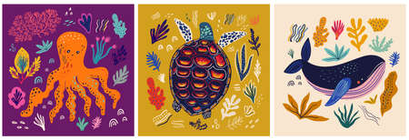 Underwater marine life. Vector illustration with sea turtleのイラスト素材