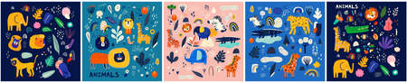 Vector collection with funny cute hand drawing animals. Kids design with lion, crocodile, zebra,...