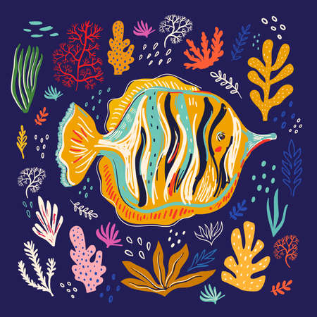 Vector colorful illustration with cute fish. Underwater marine life.のイラスト素材