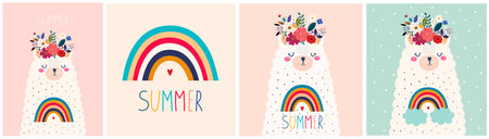 Baby design with cute llama and rainbow. Vector illustration with cute animal lama, alpaca. Nursery baby illustrationのイラスト素材