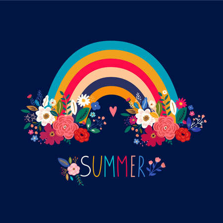 Beautiful vector trendy summer design with floral rainbowのイラスト素材