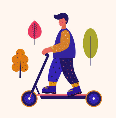 Man riding on an electric scooter. Summer outdoor. Flat design characters riding electric scooterのイラスト素材