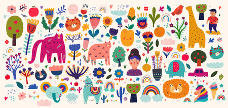 Baby vector elements collection. Baby animals pattern. Fabric pattern design. Vector illustration with cute animals. Nursery baby pattern illustrationのイラスト素材