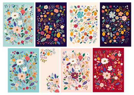 Beautiful flower collection of posters with roses, leaves, floral bouquets, flower compositions. Notebook coversのイラスト素材