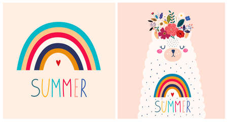 Baby design with cute llama and rainbow. Vector illustration with cute animal lama, alpaca. Nursery baby illustrationのイラスト素材