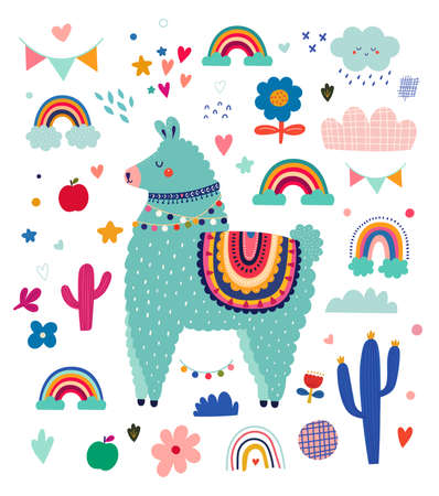 Baby design with cute llama and rainbows. Vector illustration with cute animal lama, alpaca. Nursery baby illustrationのイラスト素材