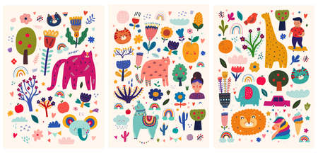 Baby posters collection. Baby animals pattern. Vector illustration with cute animals. Nursery baby pattern illustrationのイラスト素材