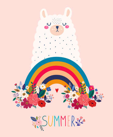 Baby design with cute llama and rainbow. Vector illustration with cute animal lama, alpaca. Nursery baby illustrationのイラスト素材