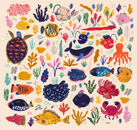 Underwater world. Vector collection with fishes and seaweed in cartoon styleのイラスト素材