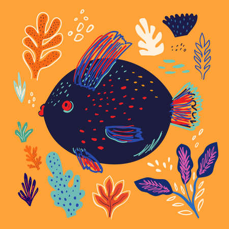 Vector colorful illustration with cute fish. Underwater marine life.のイラスト素材
