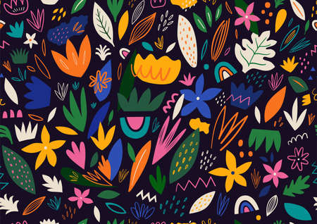 Summer colorful abstract illustration. Bright beautiful floral pattern in modern hand drawn styleのイラスト素材