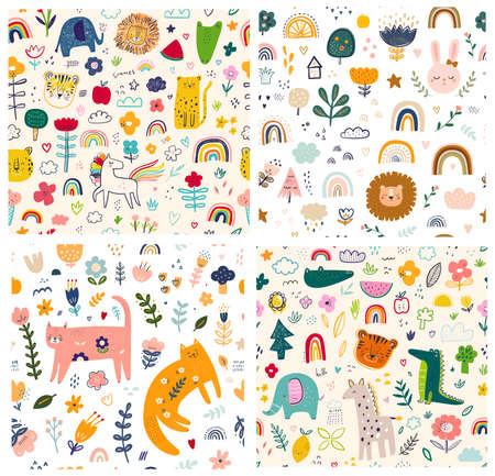 Baby seamless patterns with animals. fabric pattern. Vector illustration with cute animals. Nursery baby seamless.のイラスト素材