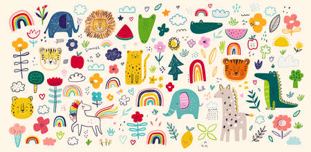 Baby hand drawn design for textile, posters, cards. Baby animal pattern. Fabric baby design. Vector illustration with cute animals. Nursery baby pattern illustrationのイラスト素材