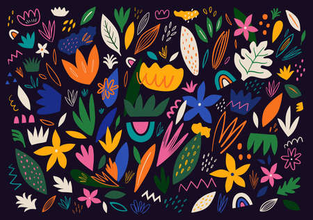 Summer colorful abstract illustration. Bright beautiful floral pattern in modern hand drawn styleのイラスト素材