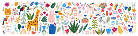 Abstract doodles. Baby animals and flowers pattern. fabric pattern. Vector illustration with cute animals. Nursery baby illustrationのイラスト素材
