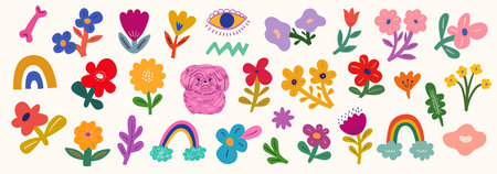Colorful cartoon vector collection with cute dog, flowers and bouquetsのイラスト素材