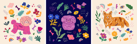 Colorful cartoon vector collection with cute dogs, flowers, leaves and abstract forms. Children's set of different dog breeds and decorative elements.のイラスト素材