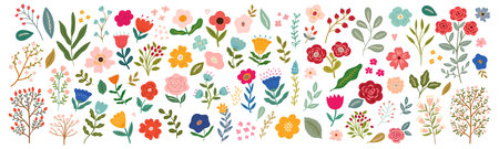 Beautiful flower collection with roses, leaves, floral bouquets, flower compositions.のイラスト素材