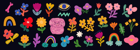 Colorful cartoon vector collection with cute dog, flowers and bouquets.のイラスト素材
