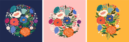 Beautiful flower collection of posters with roses, leaves, floral bouquets, flower compositions.のイラスト素材