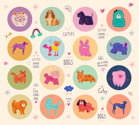 Cute dogs vector set. Colorful cartoon vector collection with cute dogs. Vector set of different dog breeds. funny puppy charactersのイラスト素材