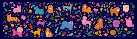 Huge colorful cartoon vector collection with cute dogs, flowers, leaves and abstract forms. Children's set of different dog breeds and decorative elements.のイラスト素材