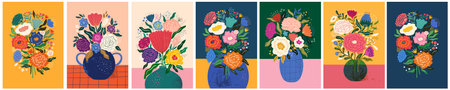 Beautiful flower collection of posters with roses, leaves, floral bouquets, flower compositions. Notebook coversのイラスト素材