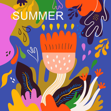 Beautiful flower illustration with decorative colorful bouquet and abstract doodles. Notebook cover. summer art posterのイラスト素材