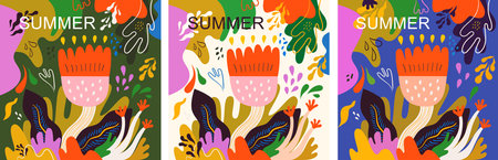 Beautiful flower illustrations with decorative colorful bouquets and abstract doodles. Notebook covers. summer art postersのイラスト素材