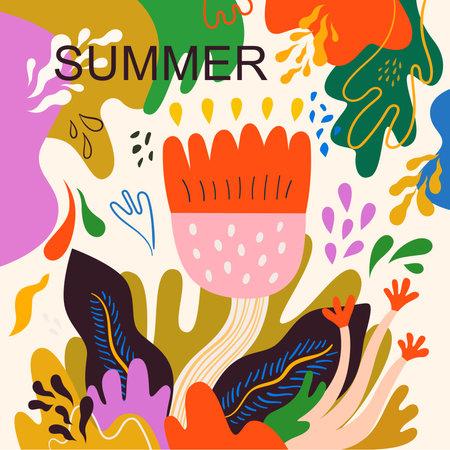 Beautiful flower illustration with decorative colorful bouquet and abstract doodles. summer art poster.のイラスト素材