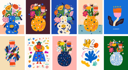 Collection of art vector floral posters. Beautiful flower collection of posters with decorative flowers, roses, leaves, floral bouquets.のイラスト素材
