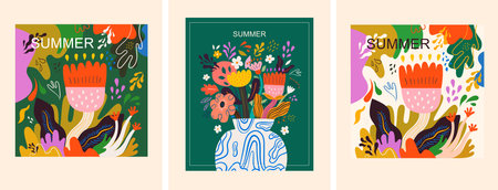 Vector art poster in retro style. Art vector floral poster. Beautiful flower poster with decorative flowers, roses, leaves, floral bouquets. Notebook coverのイラスト素材