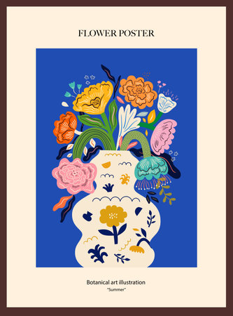 Vector art poster in retro style. Art vector floral poster. Beautiful flower poster with decorative flowers, roses, leaves, floral bouquets. Notebook coverのイラスト素材