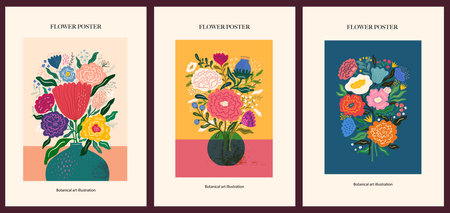 Collection of art vector floral posters. Beautiful flower collection of posters with decorative flowers, roses, leaves, floral bouquets.のイラスト素材