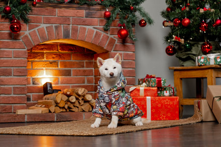 white new year christmas shiba inu shikoku hokkaido dogの写真素材