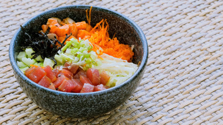 Healthy eating, clean food concept. Fish, vegetables, seaweed in poke bowl
