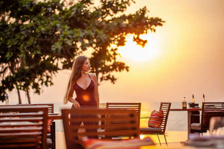 Sexy elegant girl on romantic dinner in luxury gourmet restaurant on sunsetの写真素材