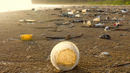 Plastic pollution of sea shore. Polluted ocean beaches with plastic waste, garbage with ocean on...